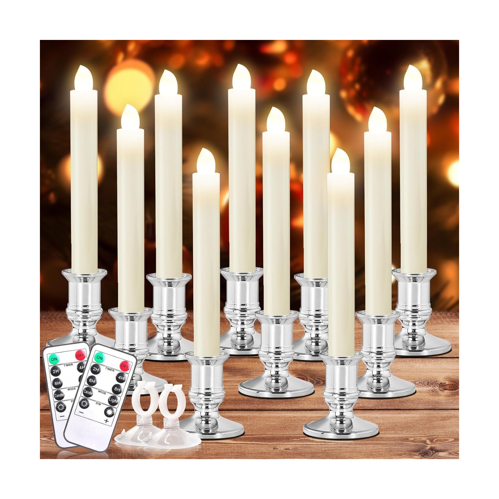 Verdenu 10 Pack Christmas Window Candles with Timer Remote, Battery Operated Electric LED Candles with Holder/Suction
