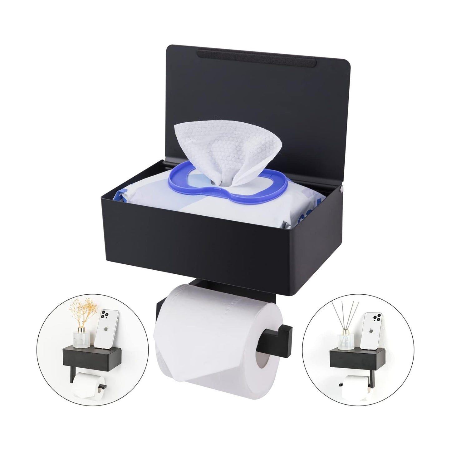 Adhesive Toilet Paper Holder with Shelf and Storage, Wall Mount Toilet Paper Roll Holder & Flushable Wipes Dispenser