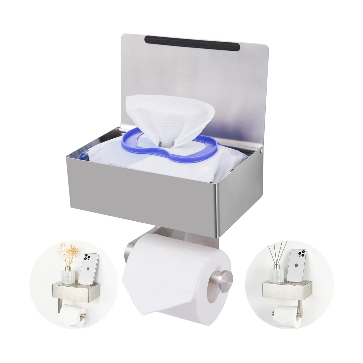 Adhesive Toilet Paper Holder with Shelf and Storage, Wall Mount Toilet Paper Roll Holder & Flushable Wipes Dispenser