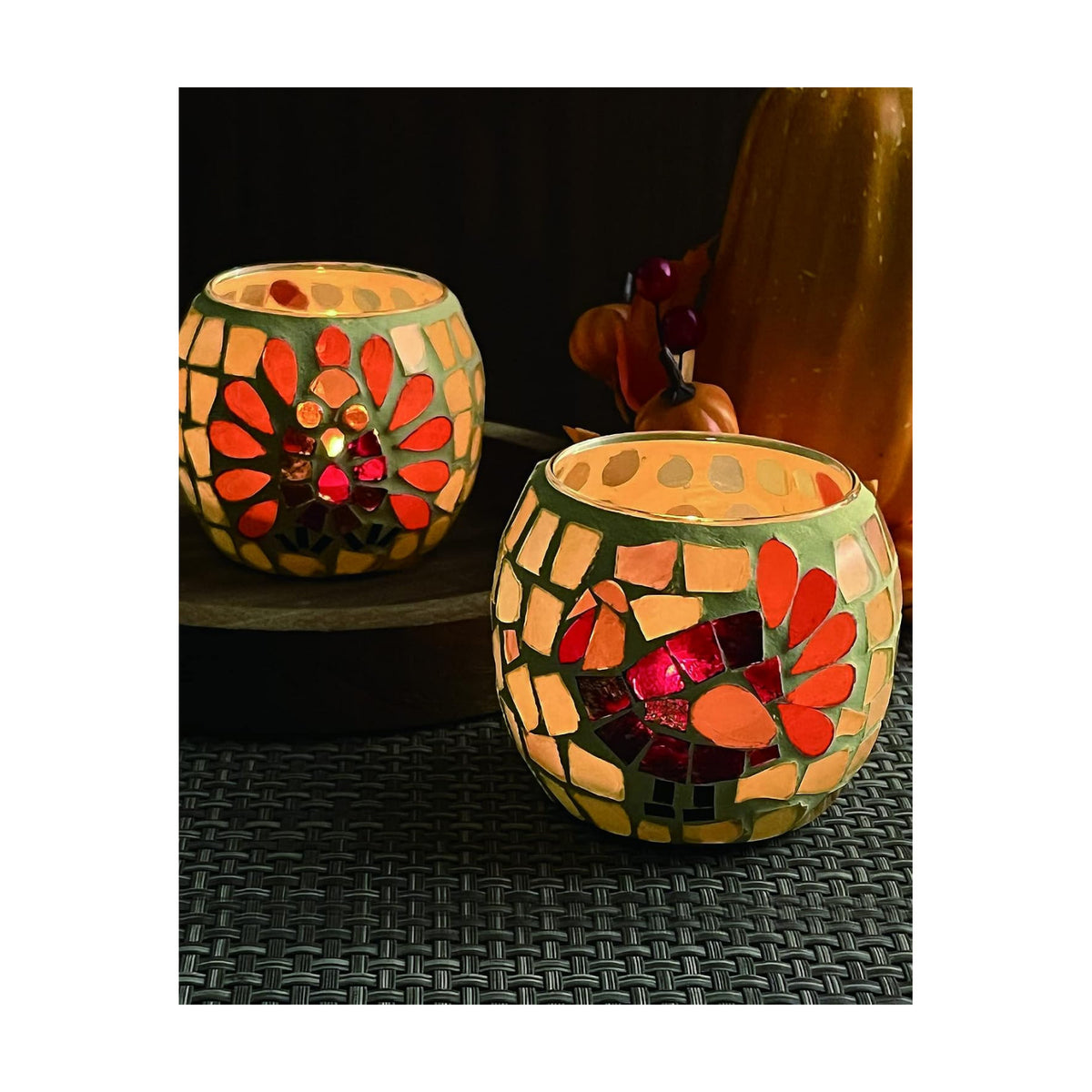 SHMILMH Thanksgiving Votive Candle Holder Set of 4, Mosaic Glass Tealight Holders with Turkey for Fall Table Centerpiece Fireplace Party Decorations