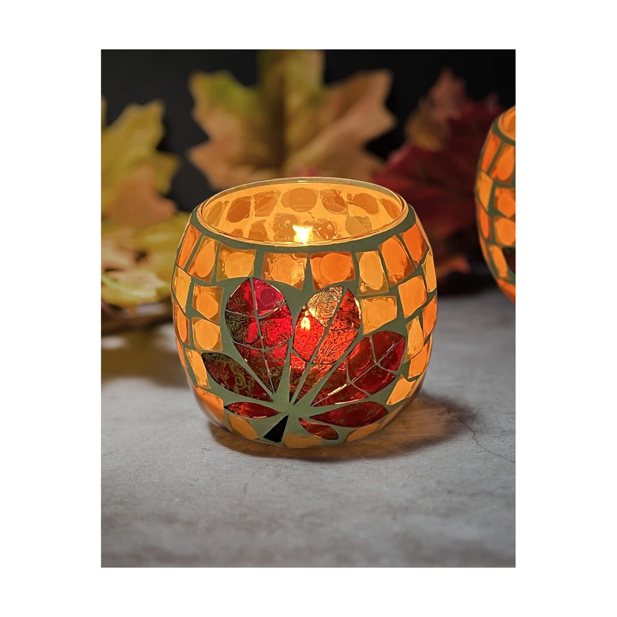 SHMILMH Fall Votive Candle Holder Set of 4, Mosaic Glass tealight Holders with Maple Leave for Halloween Thanksgiving Party Decorations