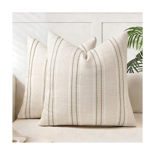 Boho Textured Pillow Case / Beige with White & Brown / 18 x 18 / Set of 2