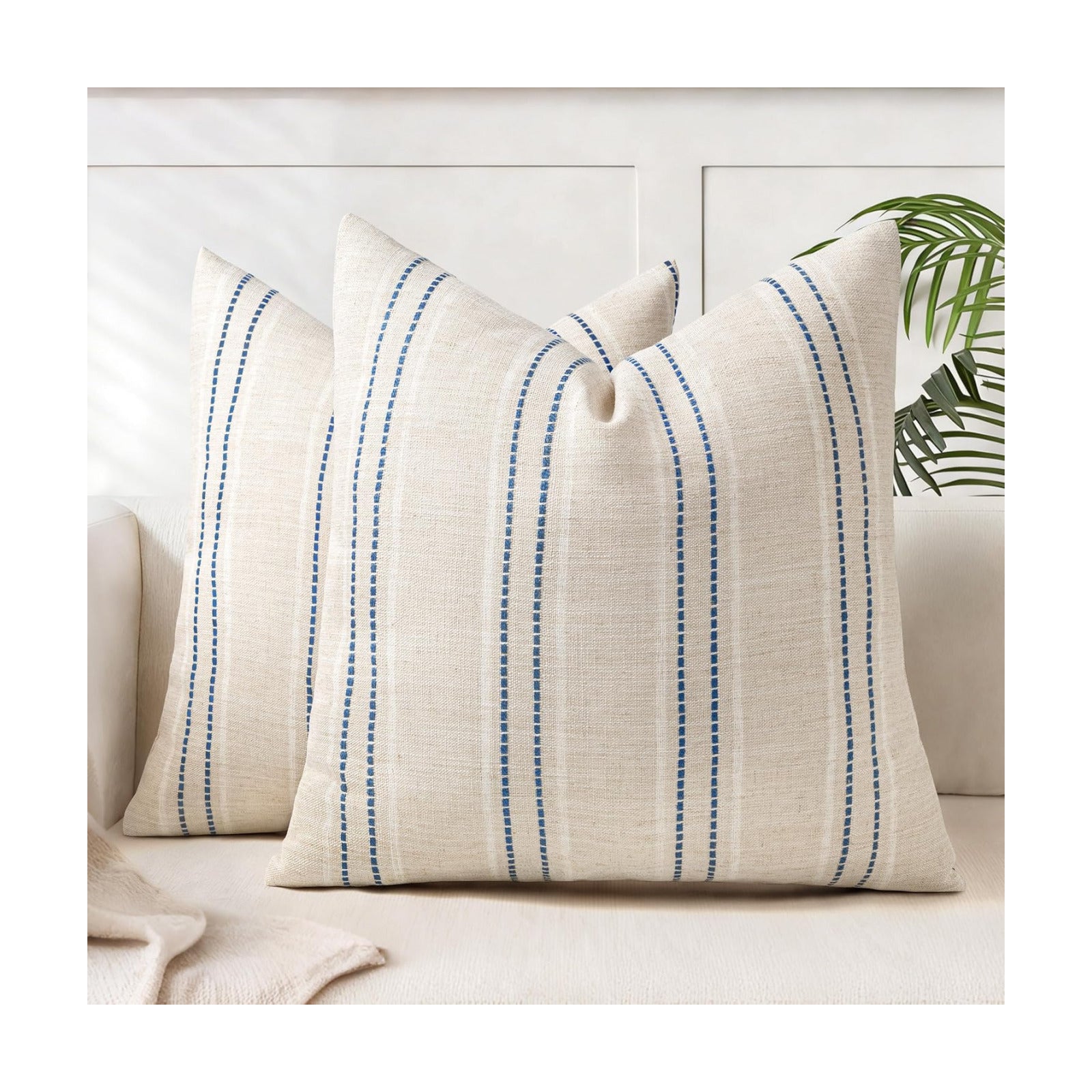 Boho Textured Pillow Case / Beige with White & Navy Blue / 18 x 18 / Set of 2