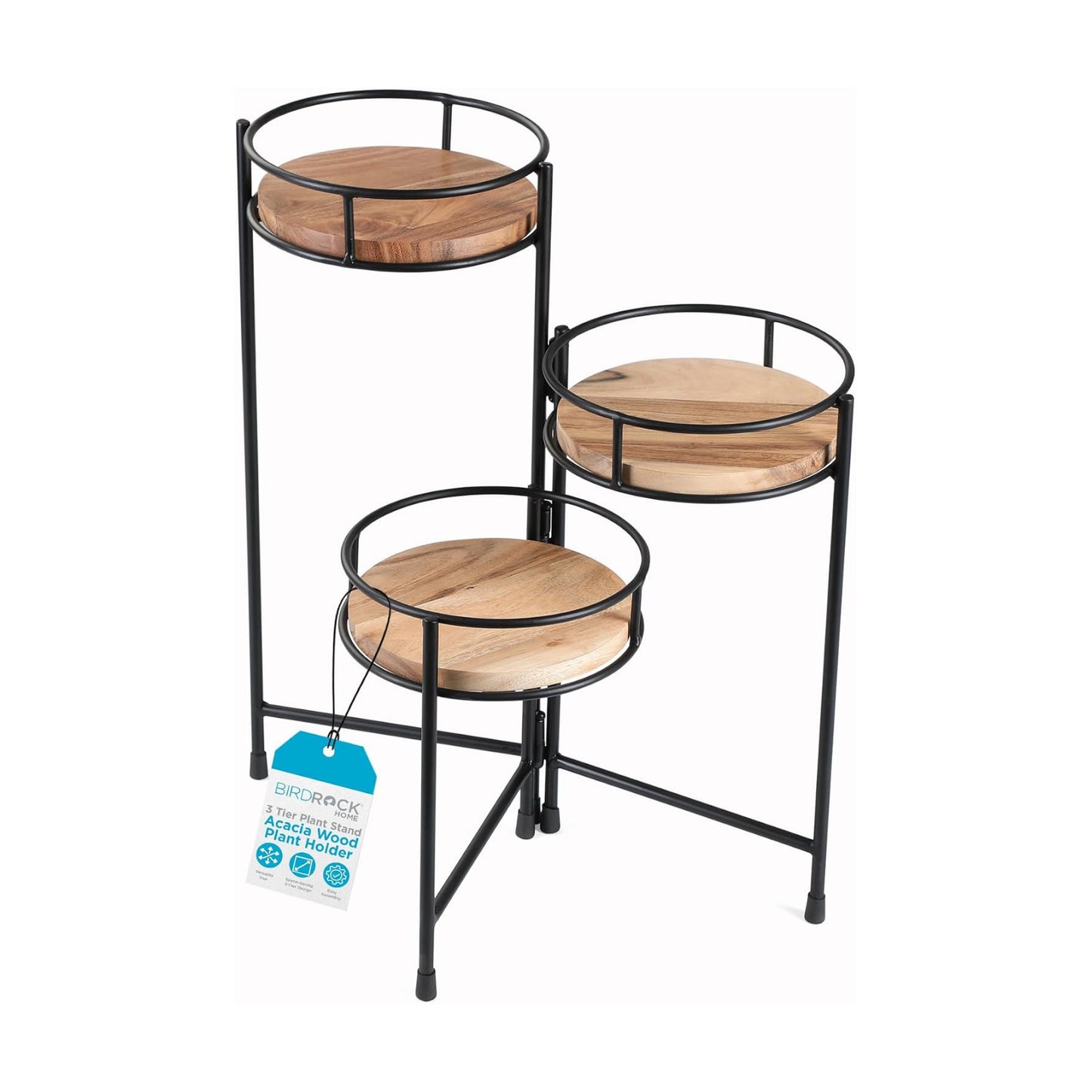 BIRDROCK HOME 3-Tier Plant Stand - Acacia Wood Plant Holder - Adjustable Collapsible Design - Display Shelves for Pots