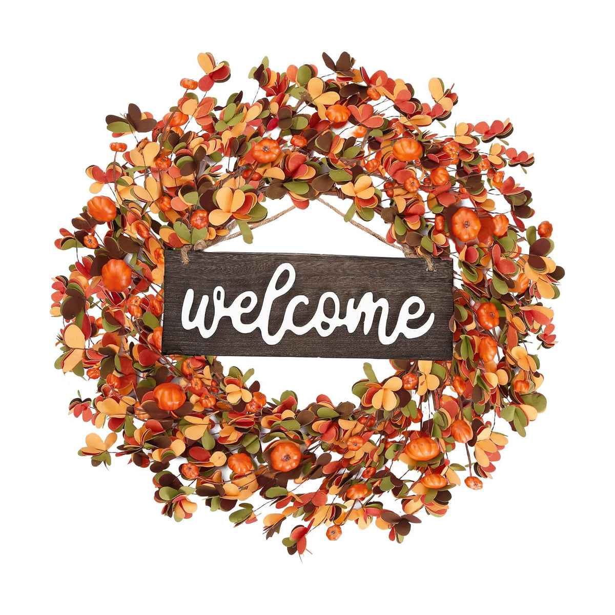 Sggvecsy Fall Wreath 20'' Autumn Front Door Harvest with Small Pumpkin Berry Round Leaves Decorations for Outside Indoor Wall Window Festival Thanksgiving Decor(Orange)