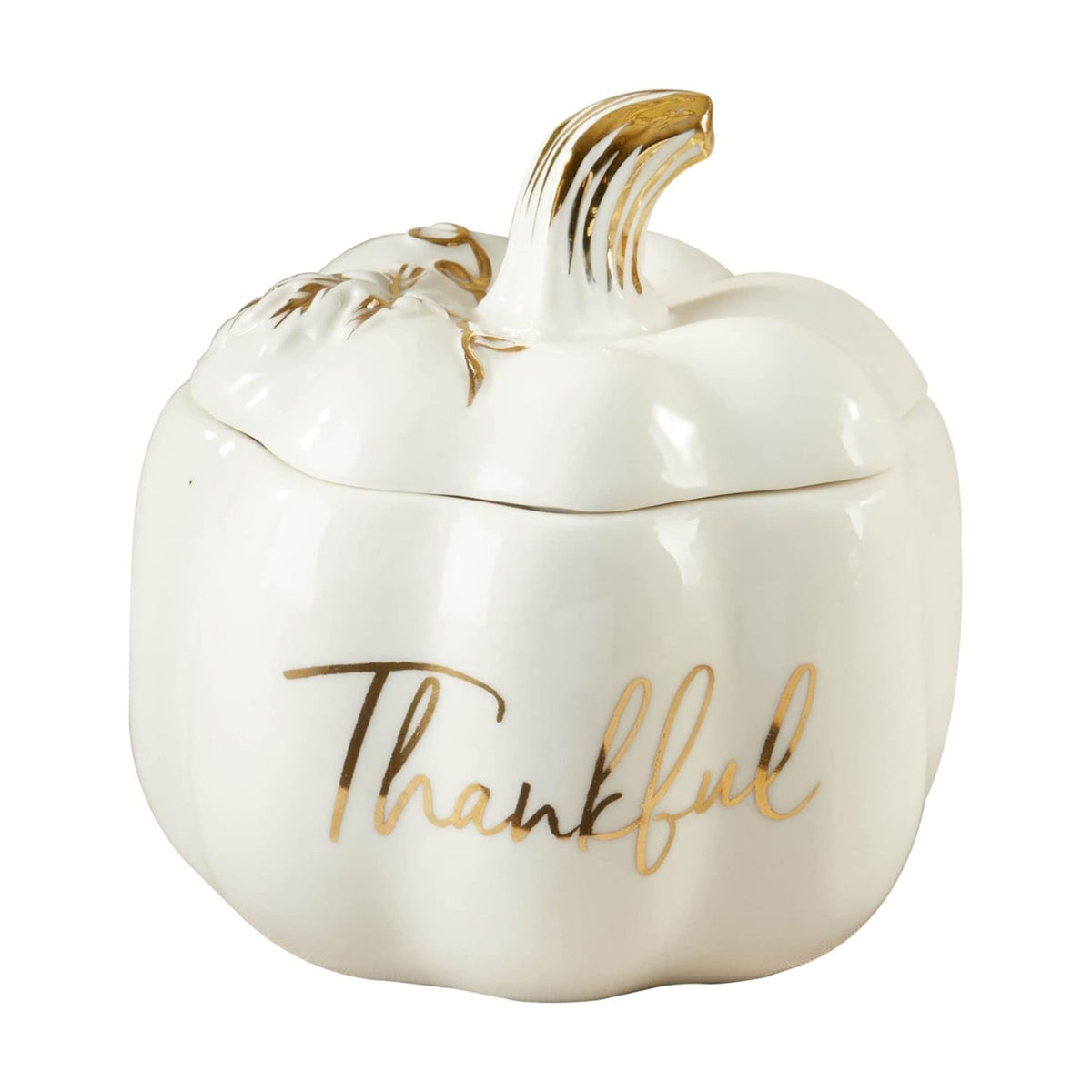 Kate Aspen Thankful White Pumpkin Bowl - Ceramic Decorative Pumpkin Decor Candy Dish With Lid, Fall Candy Dish, Thanksgiving Bowl, Fall Decorations for Home, Kitchen Decor, Thanksgiving Decorations
