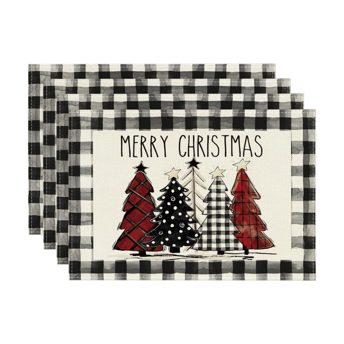 Artoid Mode Waterclor Buffalo Plaid Christmas Trees Placemats Set of 4, 12x18 Inch Winter Table Mats for Outdoor Home Party Kitchen Dining Decor