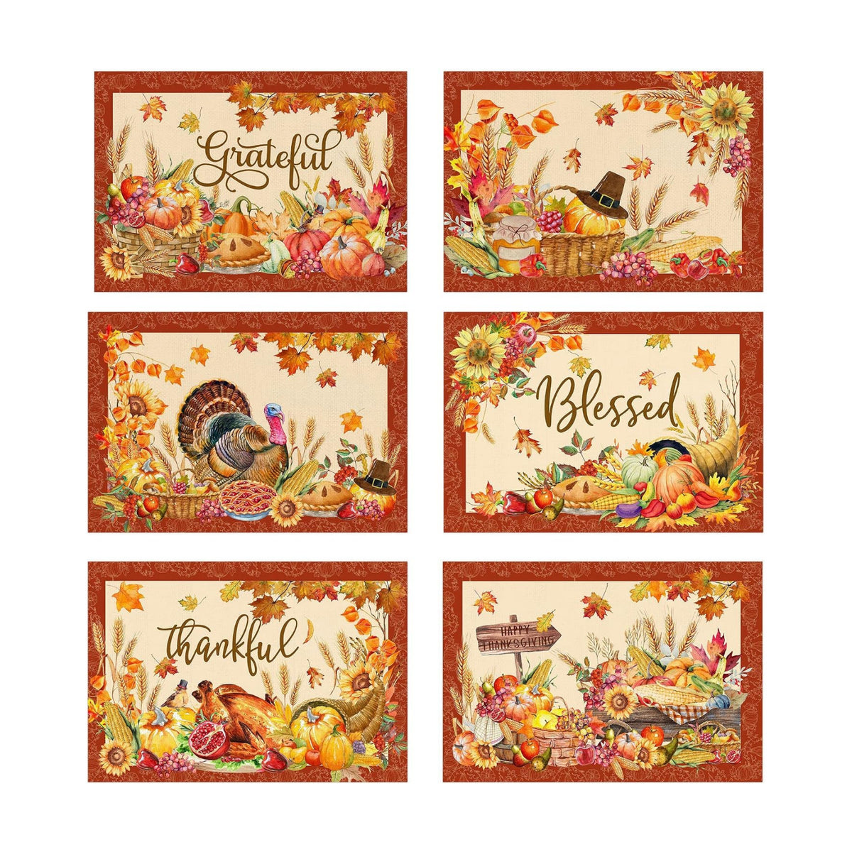 Thanksgiving Placemats Set of 6, Turkey Holiday Placemats Set of 6 12x18 Inch for Dining Table, Thanksgiving Place Mats Pumpkins Fall Leaves Orange Farmhouse Table Decor for Kitchen Dining Room Home