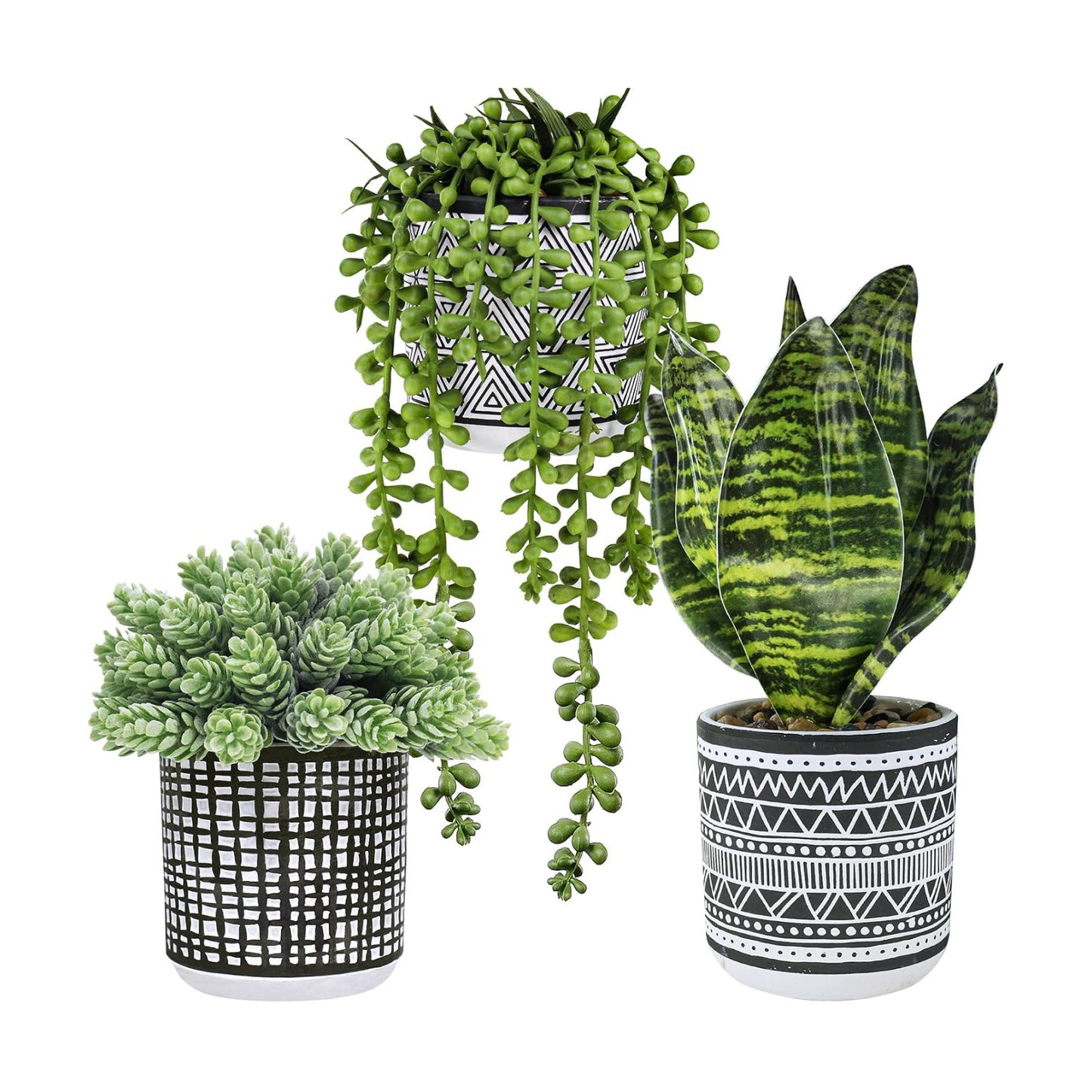 Small Potted Plants Artificial Succulents Hanging Plants and Faux Tropical Snake / Black / Set of 3