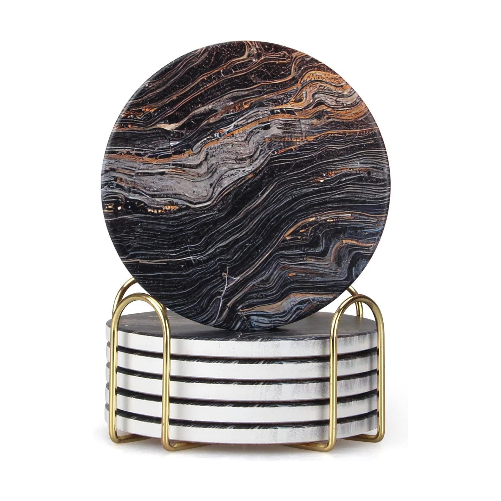Holder Best Absorbent Drink Coasters Round Ceramic Table Coasters Set / Black Marble / Set of 6