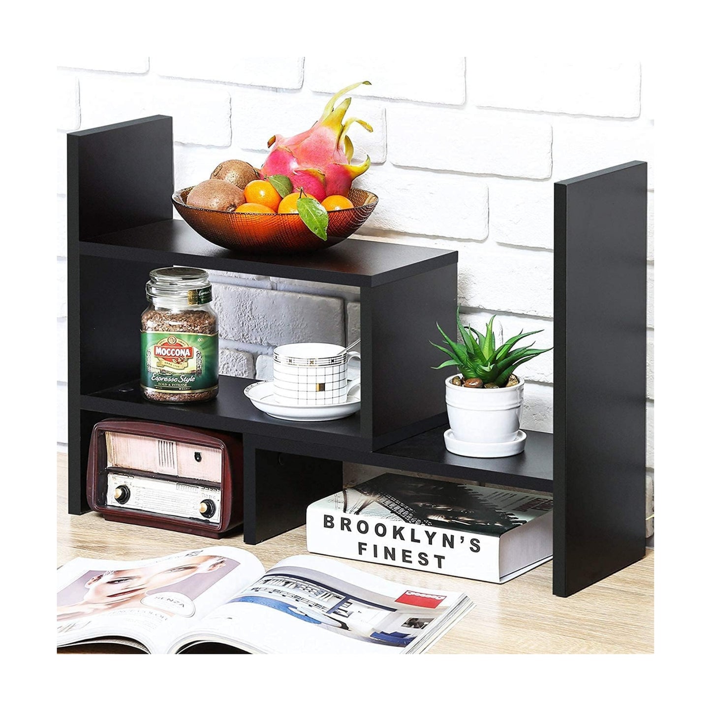 Sorfity Desktop Bookshelf Desk Storage Organizer Adjustable Wood Desktop Display Shelf Rack Counter Office Storage Rack