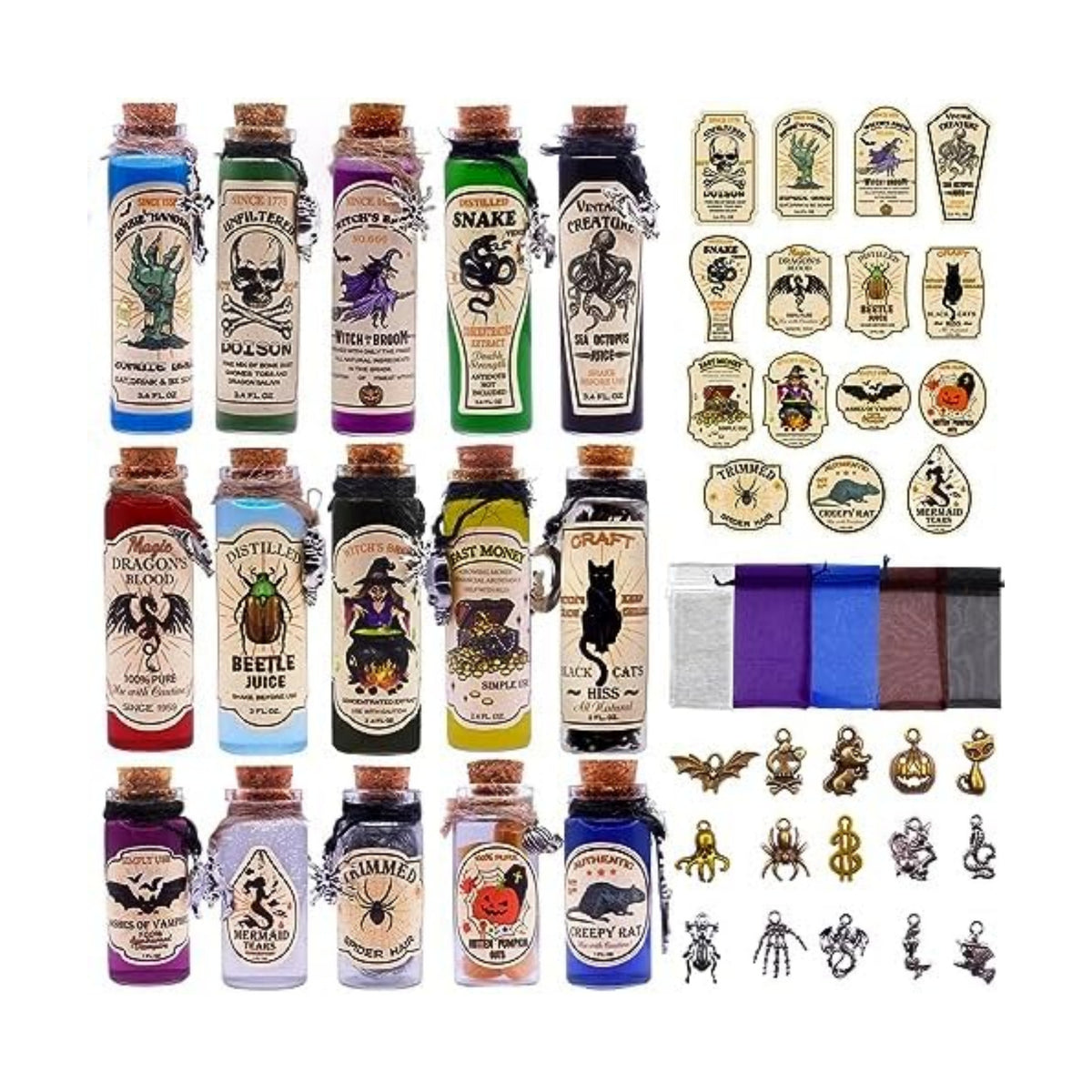 99 Pcs Apothecary Bottles Set with Halloween Stickers & Pendants - Tiered Tray Decor for Indoor Halloween Party Supplies