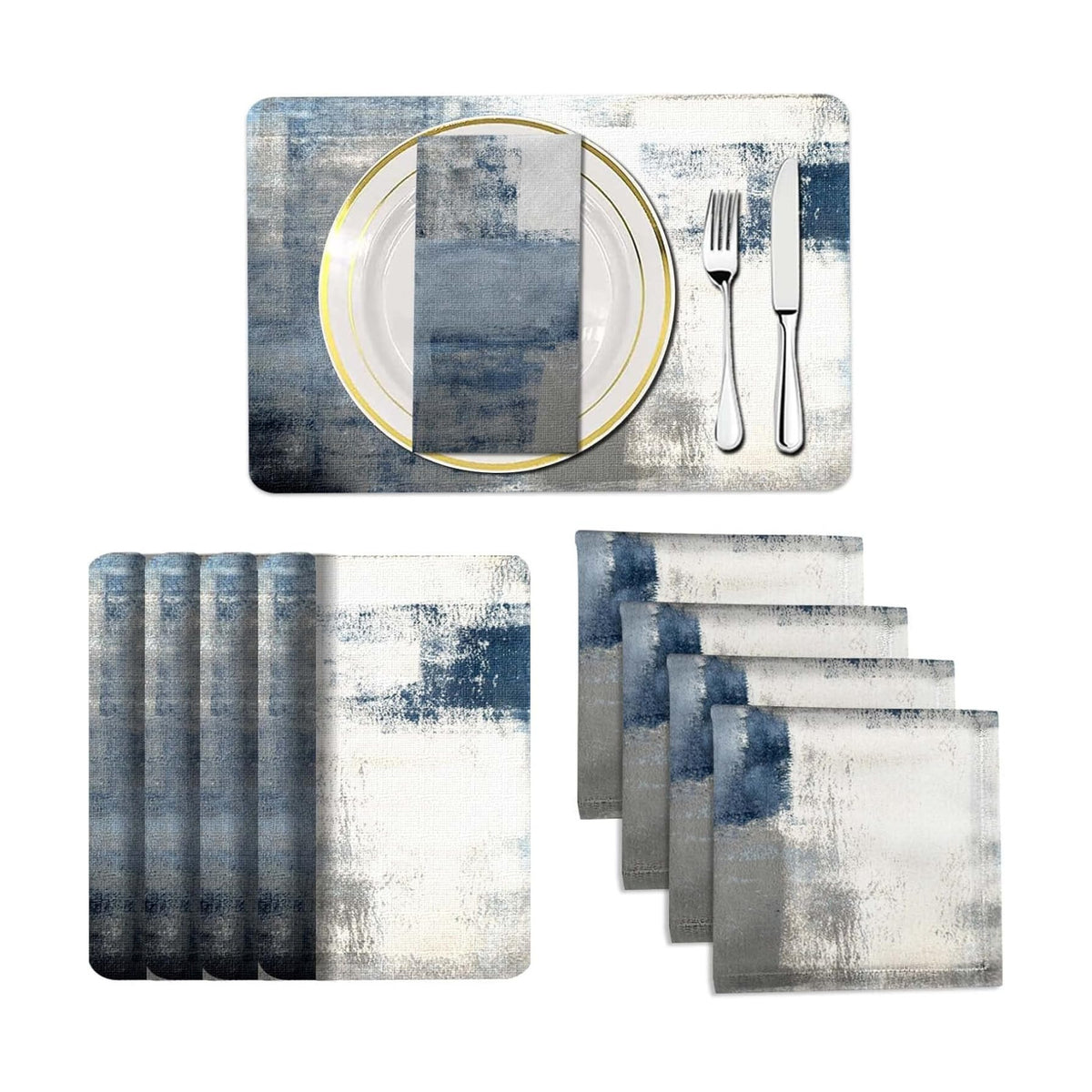 MCALK 4 Each Blue Placemats and Cloth Napkins Set of 8, Modern Abstract Art Painted Placemat for Home Kitchen Decor