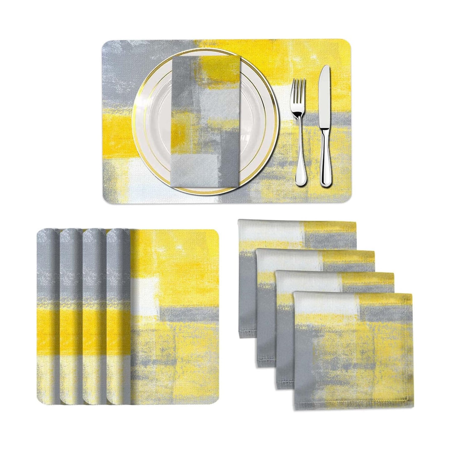MCALK 4 Each Yellow Placemats and Cloth Napkins Set of 8, Modern Abstract Art Painted Placemat for Home Kitchen Decor