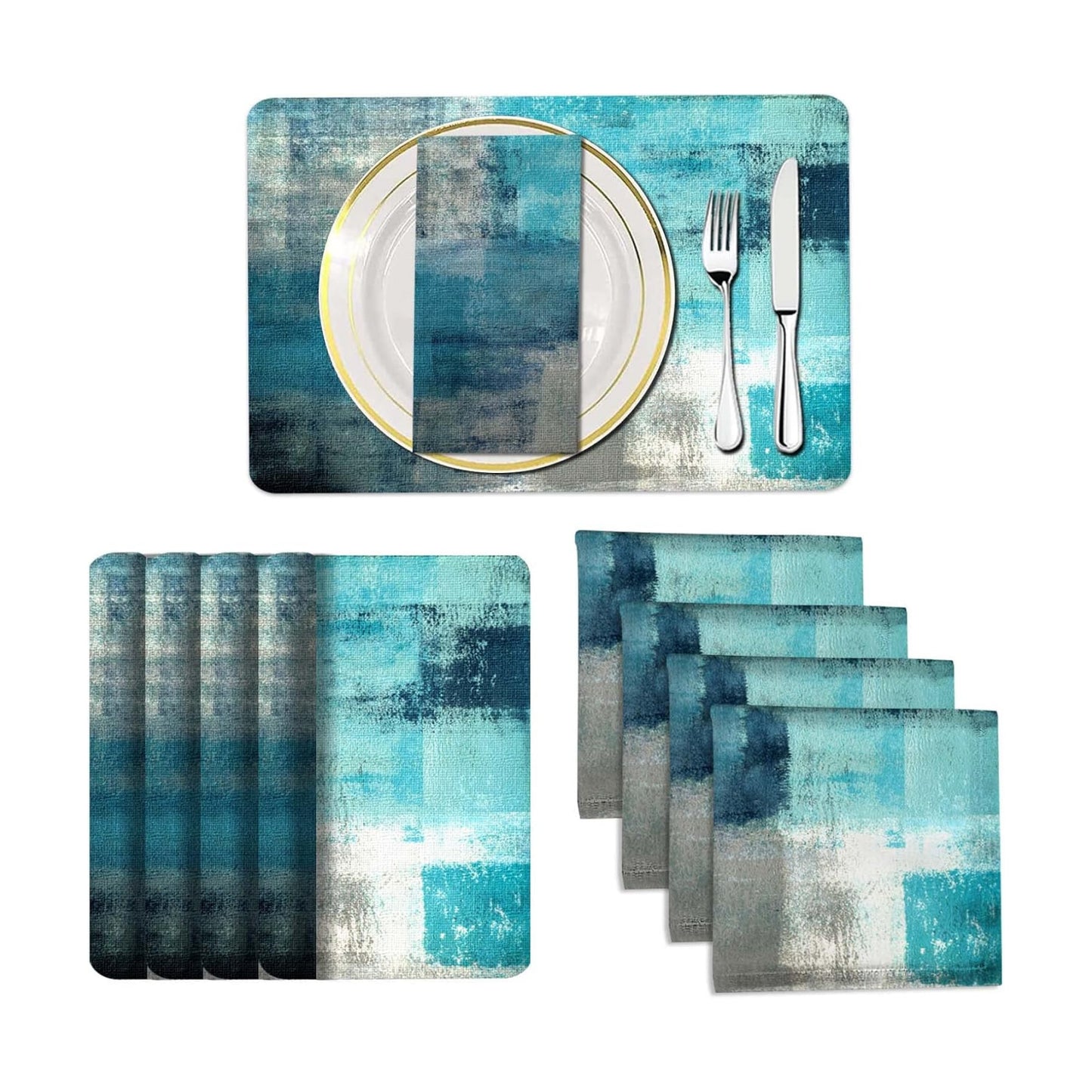 MCALK 4 Each Turquoise Placemats and Cloth Napkins Set of 8, Modern Abstract Art Painted Placemat for Home Kitchen