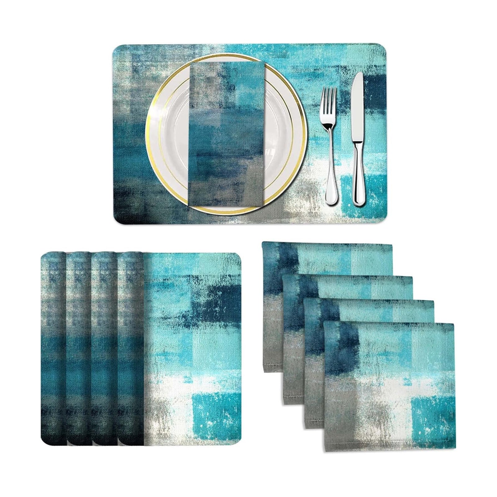 MCALK 4 Each Turquoise Placemats and Cloth Napkins Set of 8, Modern Abstract Art Painted Placemat for Home Kitchen