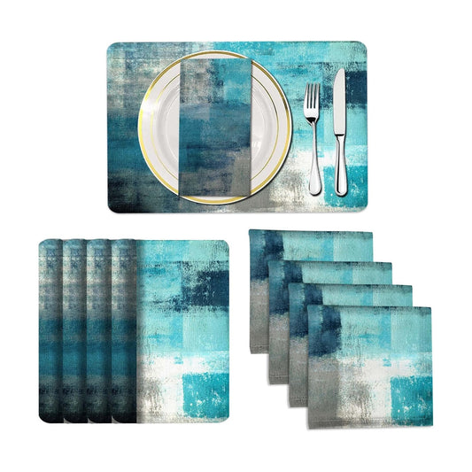 MCALK 4 Each Turquoise Placemats and Cloth Napkins Set of 8, Modern Abstract Art Painted Placemat for Home Kitchen