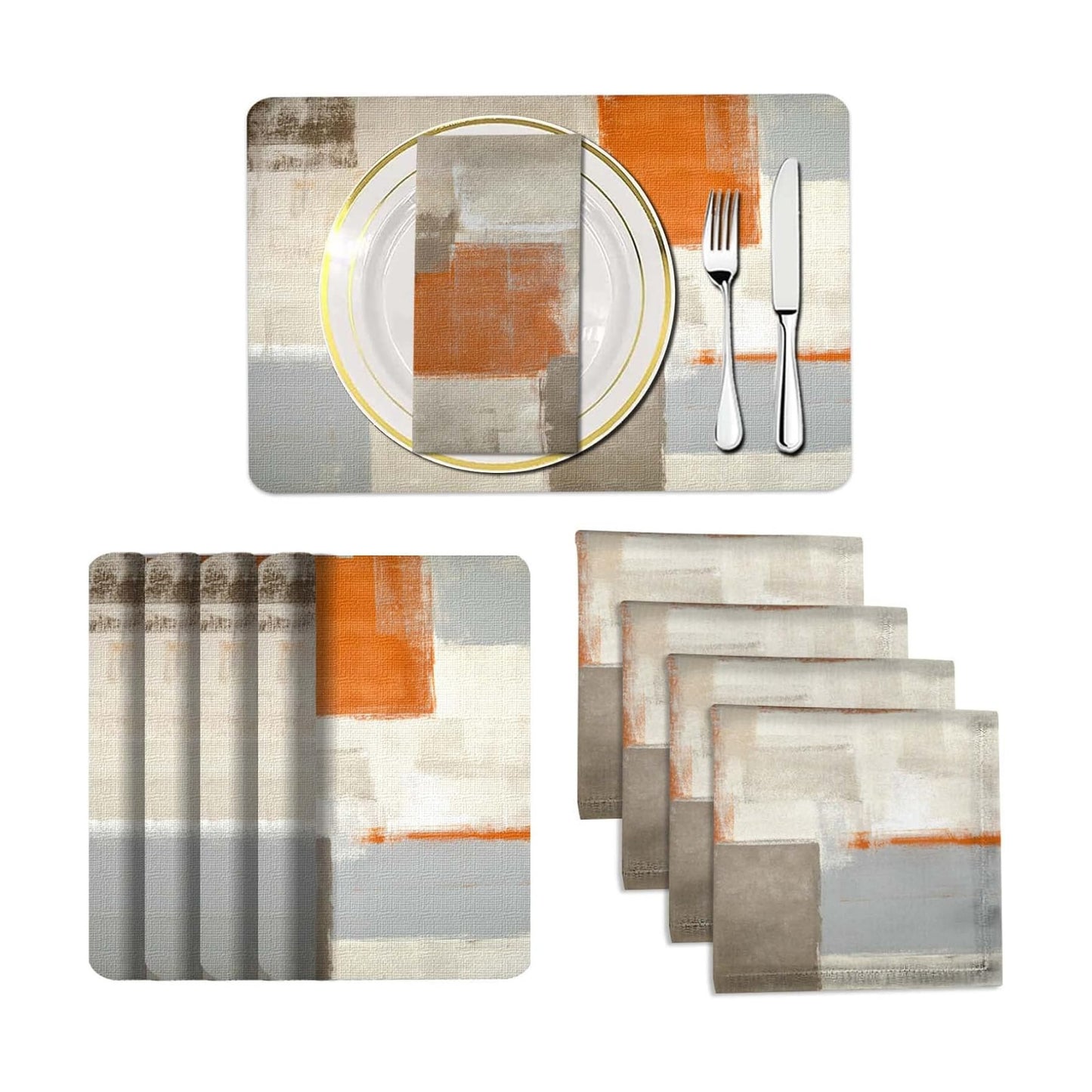 MCALK 4 Each Orange Placemats and Cloth Napkins Set of 8, Modern Abstract Art Painted Placemat for Home Kitchen Decor
