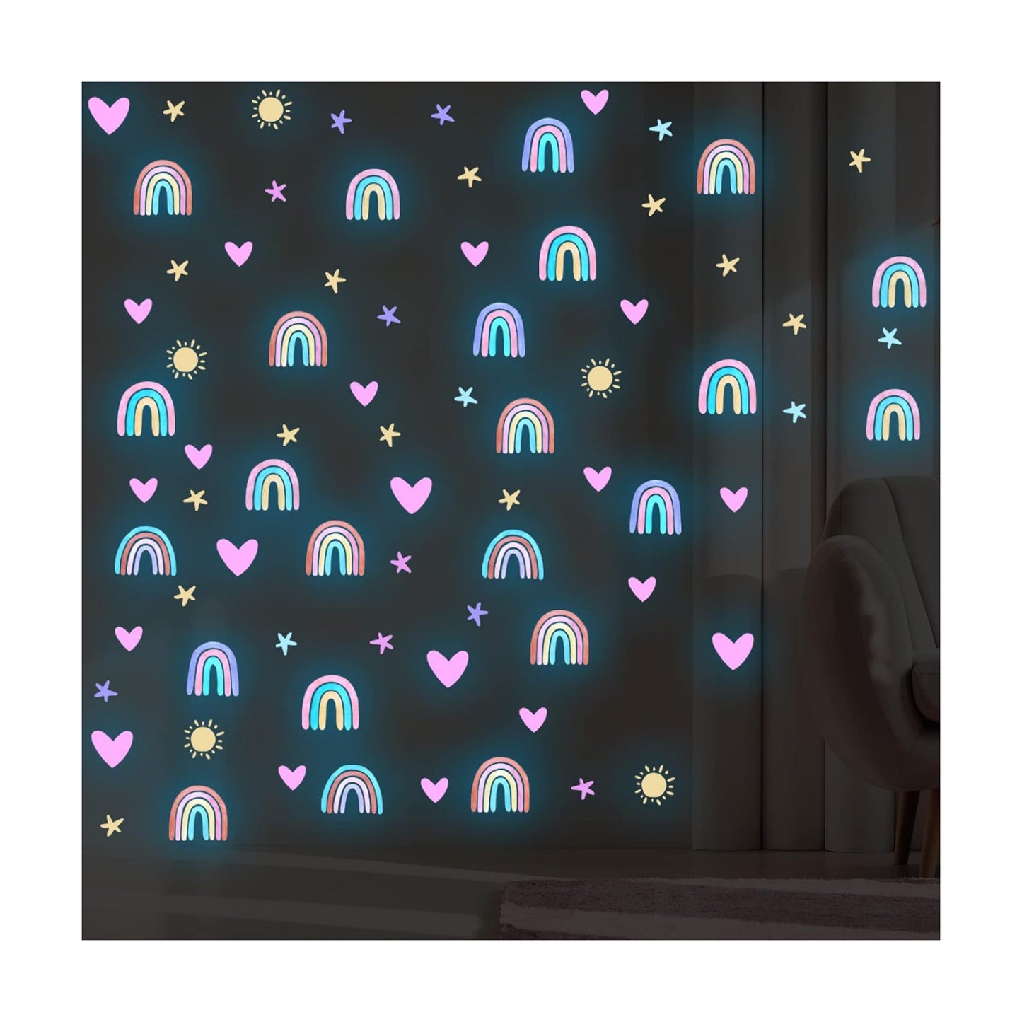 Rainbow Wall Decor Stickers Small Rainbow Decal Watercolor Heart Star Sun Wall / Luminous Blue