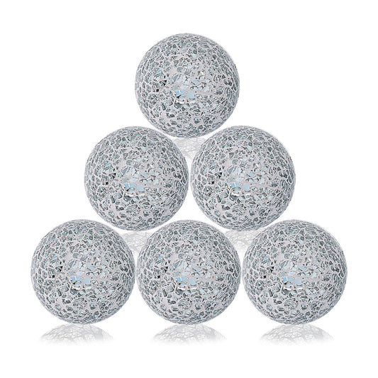 Decorative Balls Set / 6cm Small Mosaic Spheres Glass Orbs / Silver White / 2.4 Inch / Set of 6