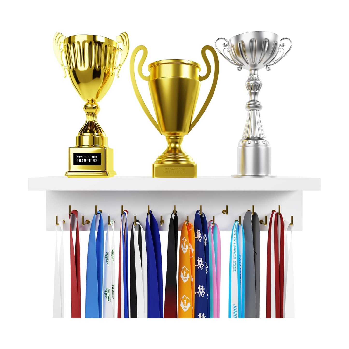 EVERMORE Medal Hanger Display and Trophy Shelf with Hooks - Wooden Medal Holder for Wall Mount Ribbon Display, Trophy