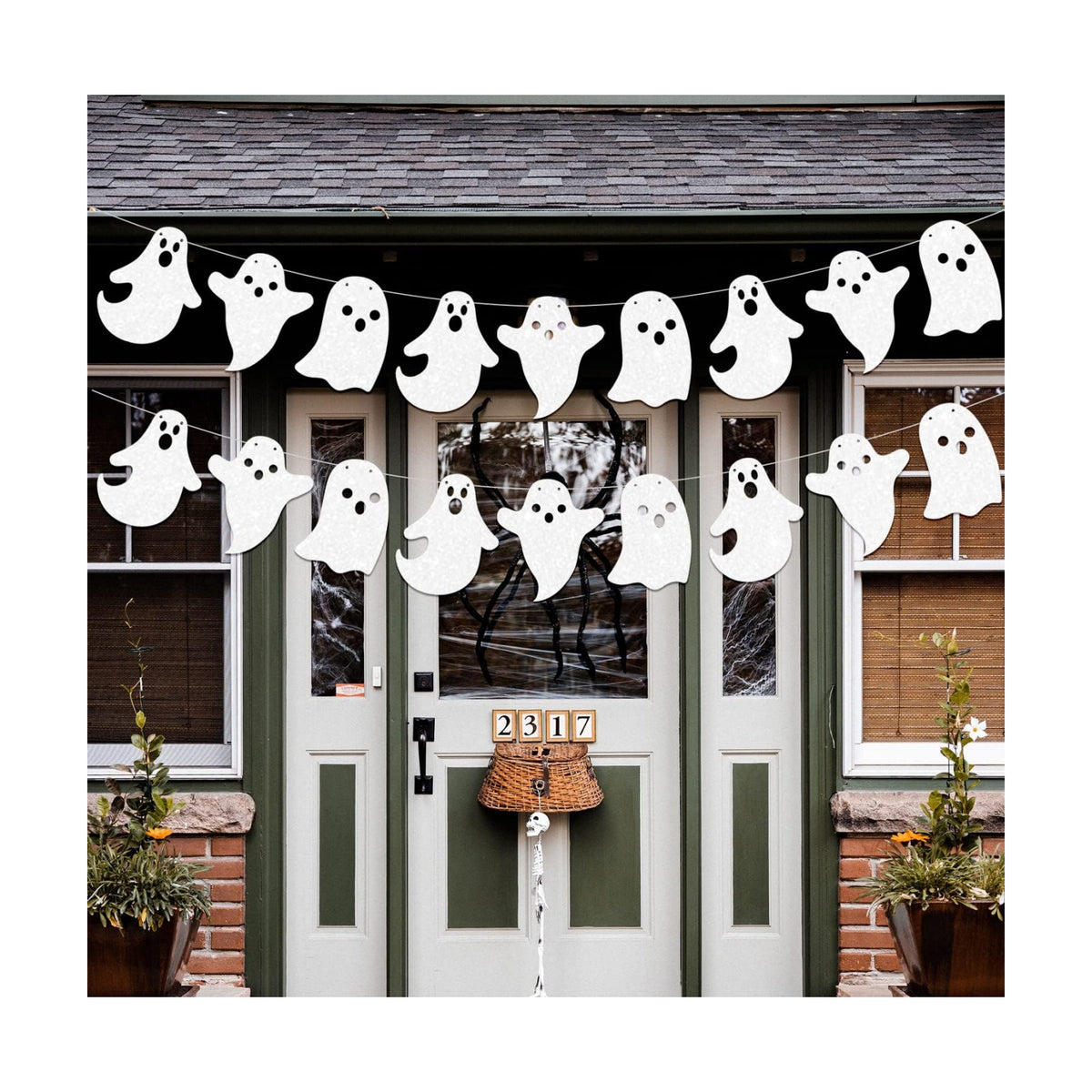 2 Pack Glittery Halloween Hanging Ghost Banners Halloween Party White Ghost Garland Party Banner for Haunted Houses Home Decorations Supplies White