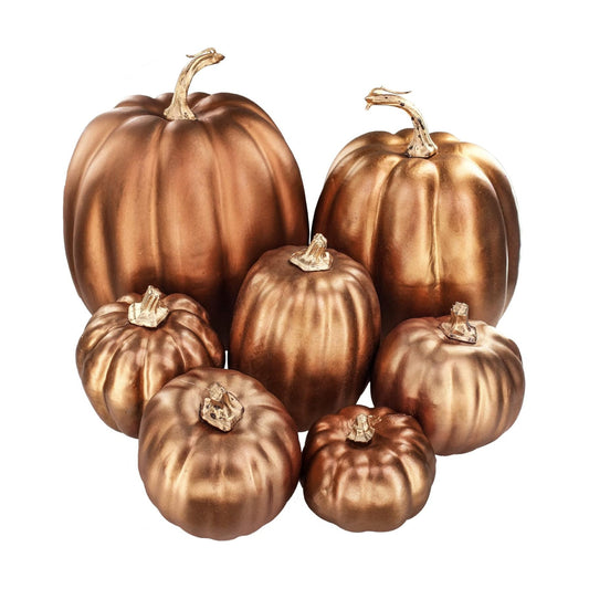 Winlyn 7 Pcs Assorted Sizes Artificial Metallic Bronze Pumpkins Rustic Decorative Fall Foam Pumpkins for Gifts Thanksgiving Halloween Harvest Fall Wedding Table Centerpiece Mantel Shelf Decor