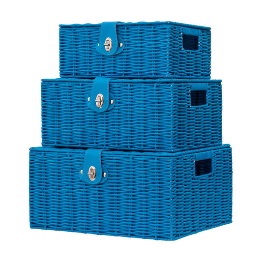 Woven Wicker Storage Basket Box / Blue / Set of 3