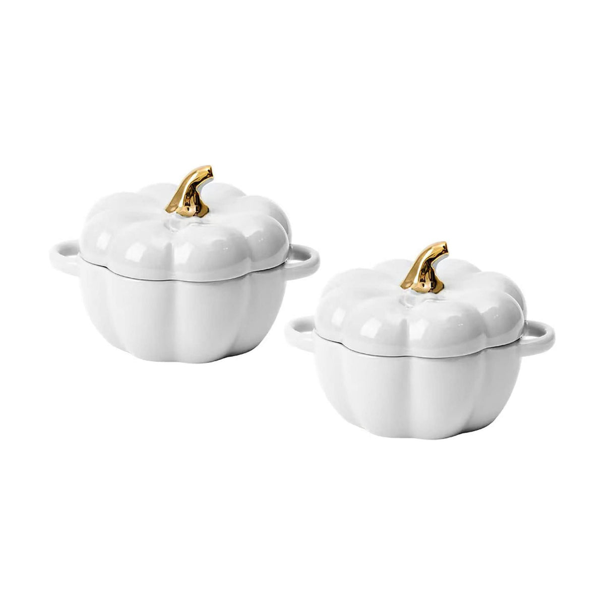 Pumpkin Bowl Set with Lid and Handle, Set of 2 Ceramic Ramekins for Baking, Casserole Dish Individual Severing Pot, Stoneware, Oven Safe, 14 Oz (White)
