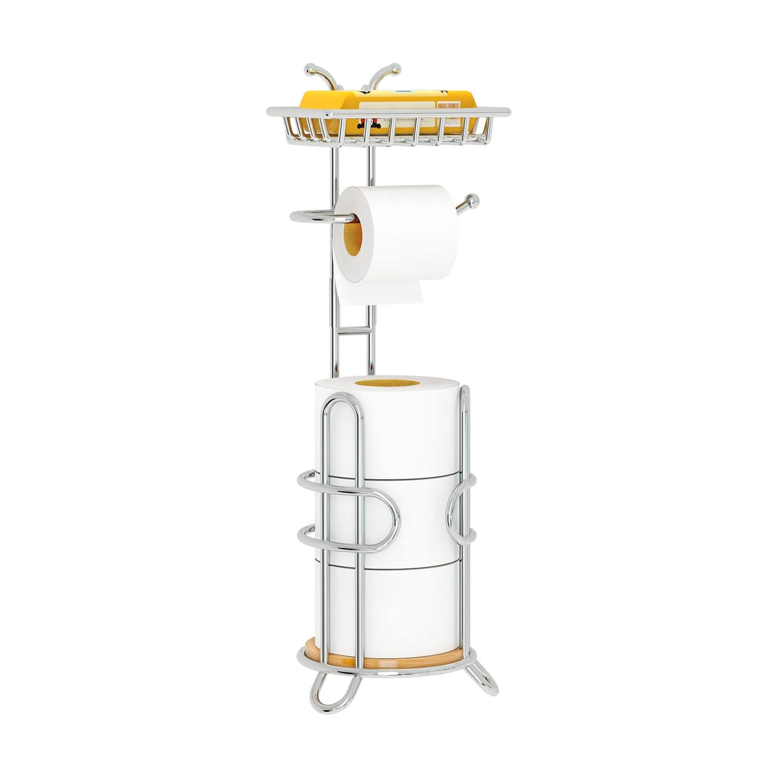 Toilet Paper Holder Stand, Free Standing Tissue Roll Storage Rack with Shelf for Bathroom, Chrome