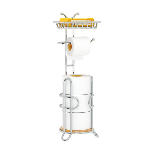Toilet Paper Holder Stand, Free Standing Tissue Roll Storage Rack with Shelf for Bathroom, Chrome