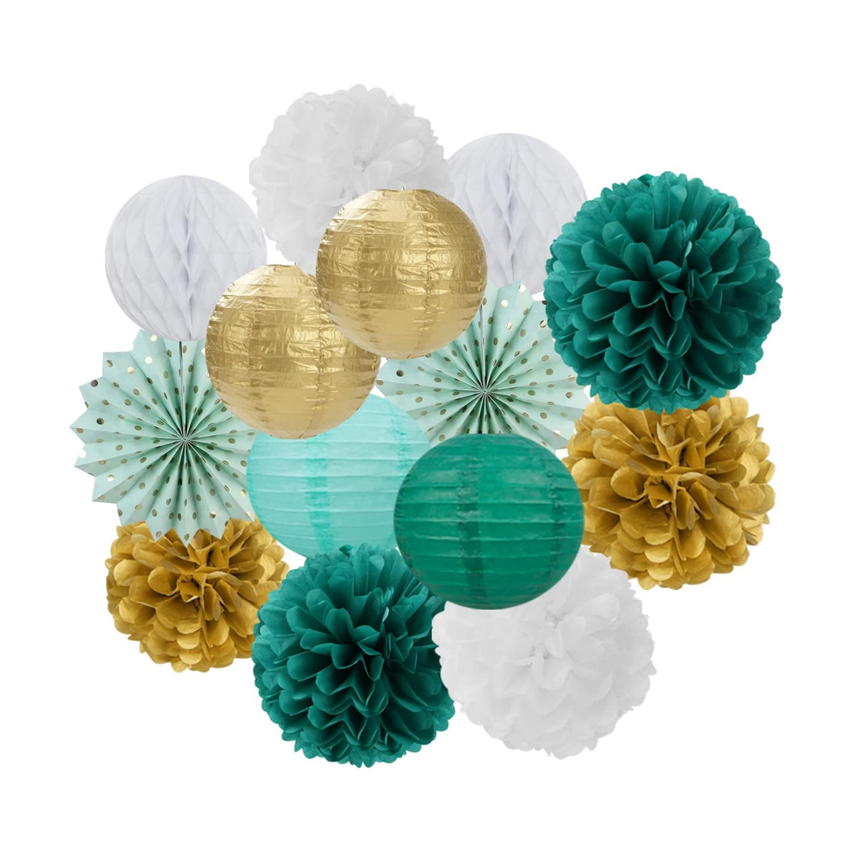 Sage-Green Teal-Gold Baby-Shower Party Decorations - 14pcs Rustic Wedding Paper Lanterns Fan,Tissue Pom Poms Streamers,Honeycomb Balls,Birthday Bachelorette Engagement Bridal Decor Lasting Surprise