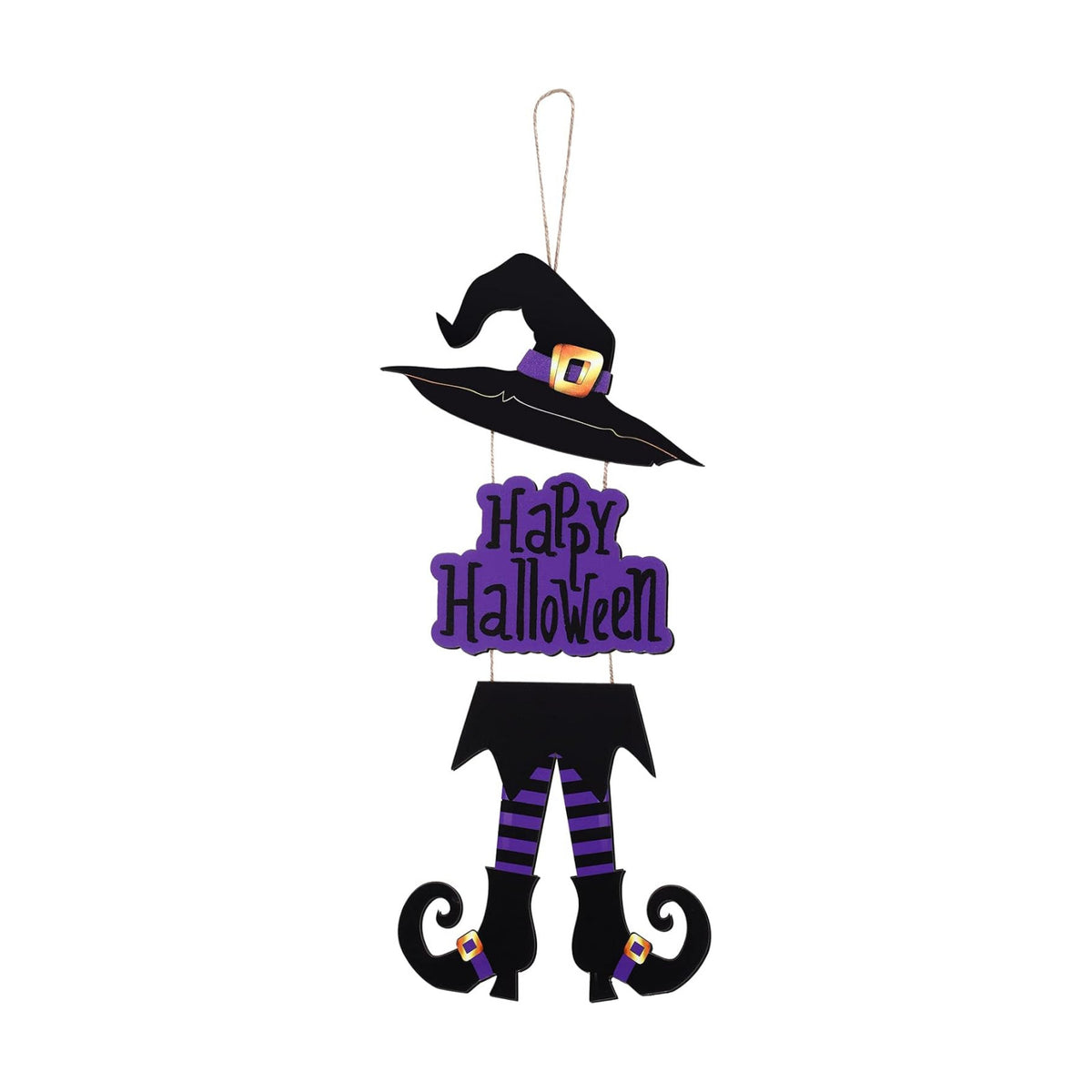 Yerliker Happy Halloween Sign Decoration Purple Wooden Witch Hanging