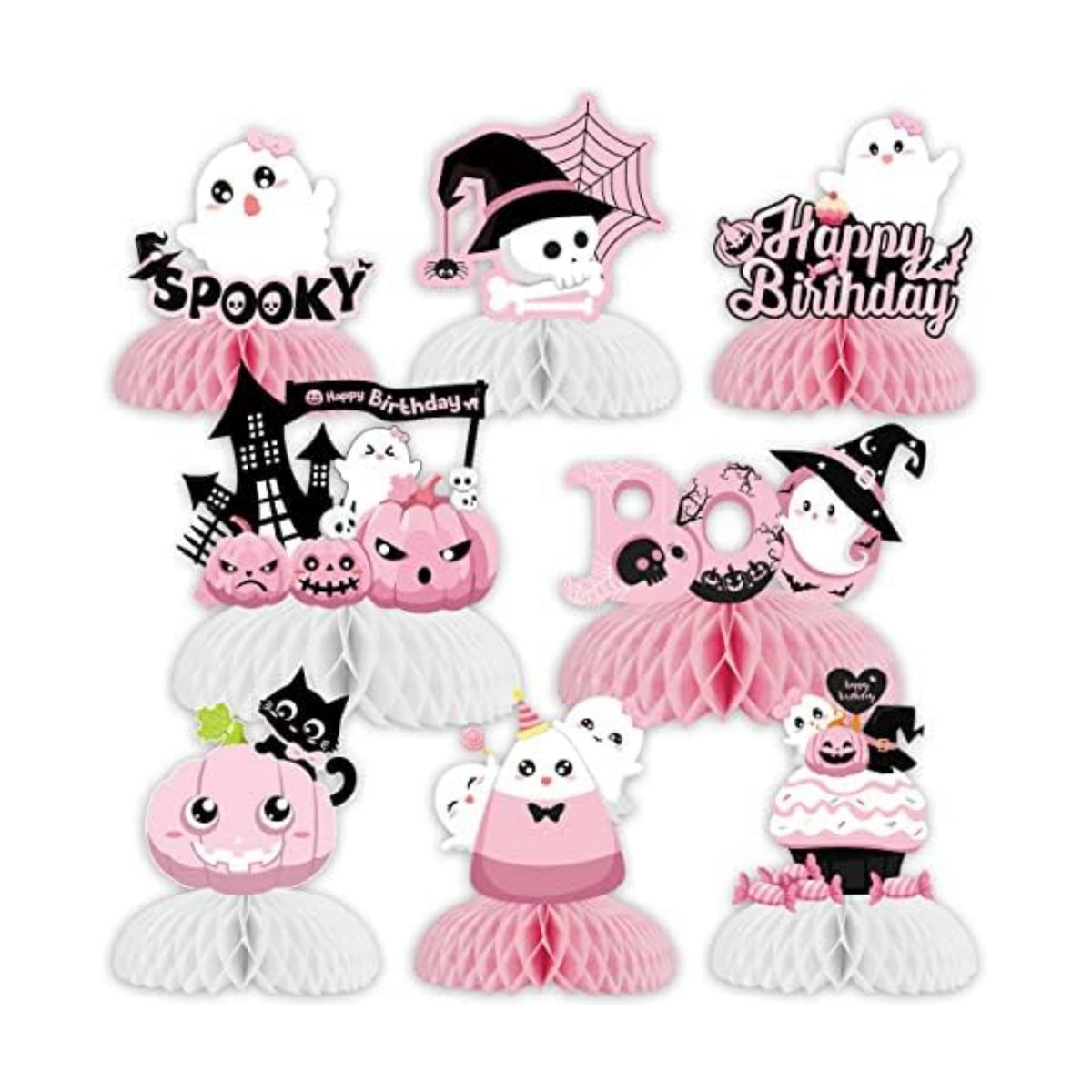 Halloween Birthday Honeycomb Centerpieces Pink Halloween Table Decorations for Birthday Party Ghost Spooky Honeycomb Pumpkin Ghost Bat Table Toppers for Girls 1st 2nd 3rd Birthday Party