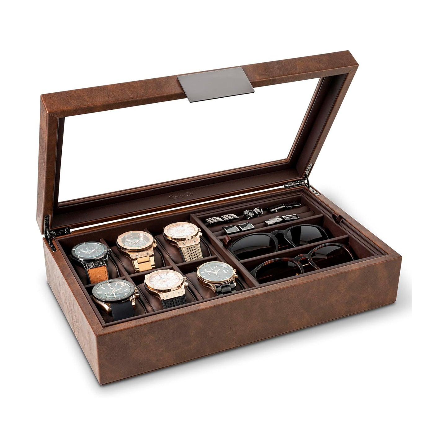 Glenor Co Valet Jewelry Box for Men - Holds 6 Watches, 12 cufflinks, 2 Sunglasses & Tray Storage - Mens Watch Case