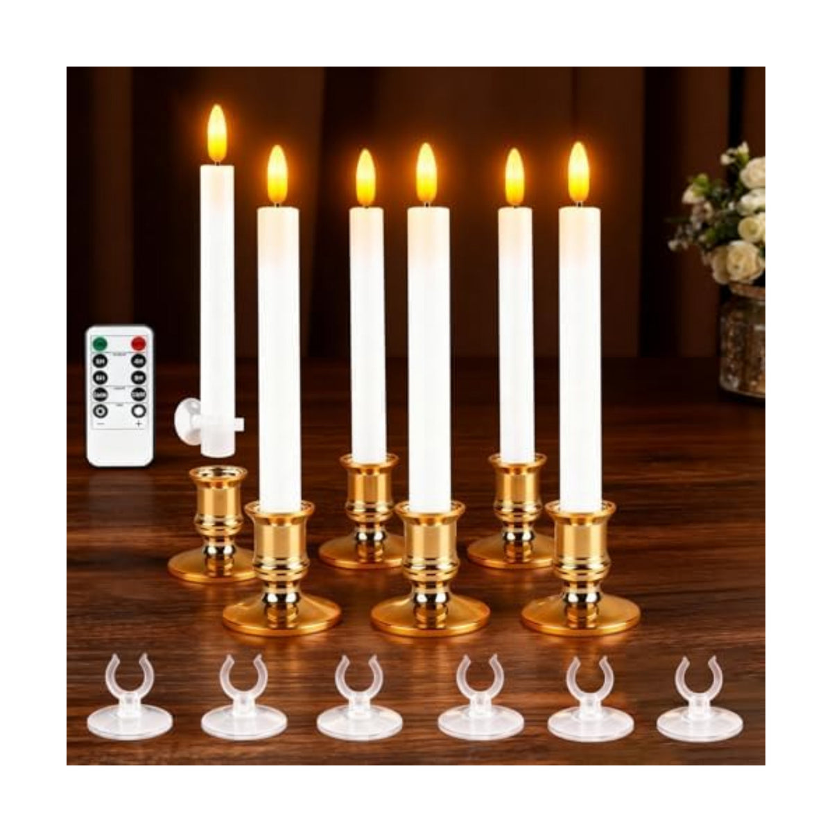 Christmas Window Candles, 6 Pcs Battery Operated Flameless Taper Candles with Remote, Timer, 3D Wick, Holders & Suction Cups for Christmas, Wedding, Halloween Decor