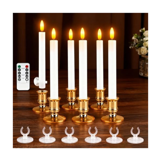 Christmas Window Candles, 6 Pcs Battery Operated Flameless Taper Candles with Remote, Timer, 3D Wick, Holders & Suction Cups for Christmas, Wedding, Halloween Decor