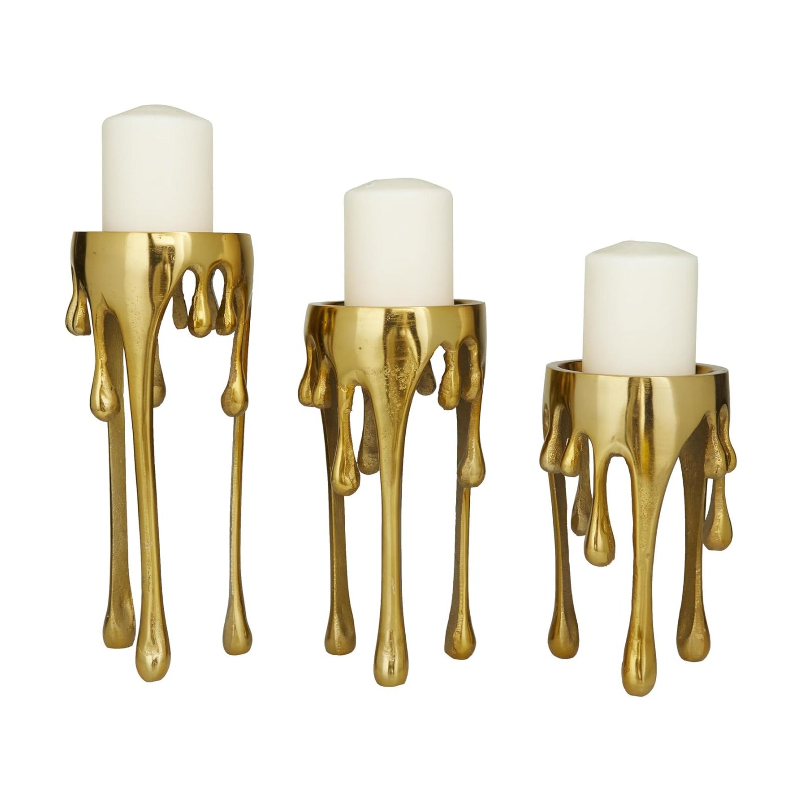 CosmoLiving by Cosmopolitan Aluminum Metal Abstract Decorative Candle Holder Melting Drip Candle Stand, Set of 3