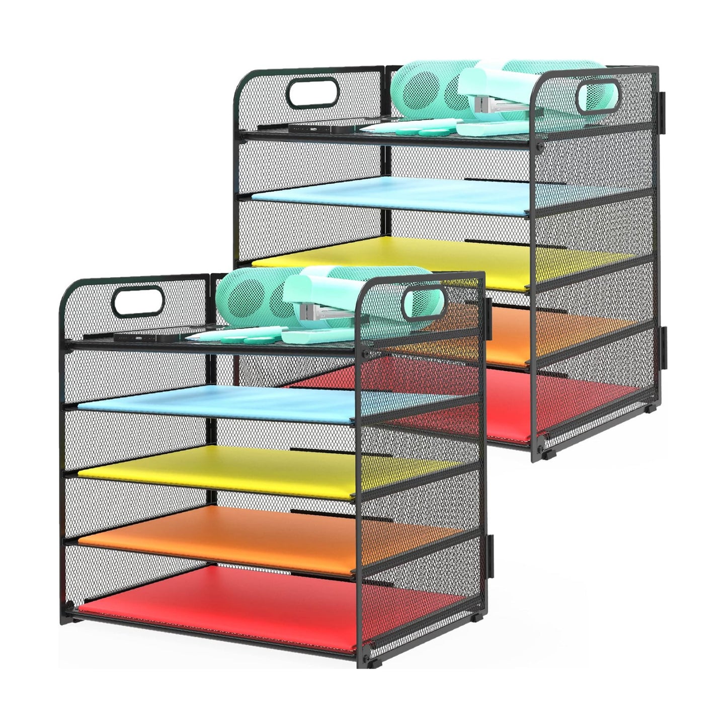 2 Pack Letter Tray 5-Tier Desk Organizer File Paper Holder with Handle, Metal Desktop Document Shelf Tray Office