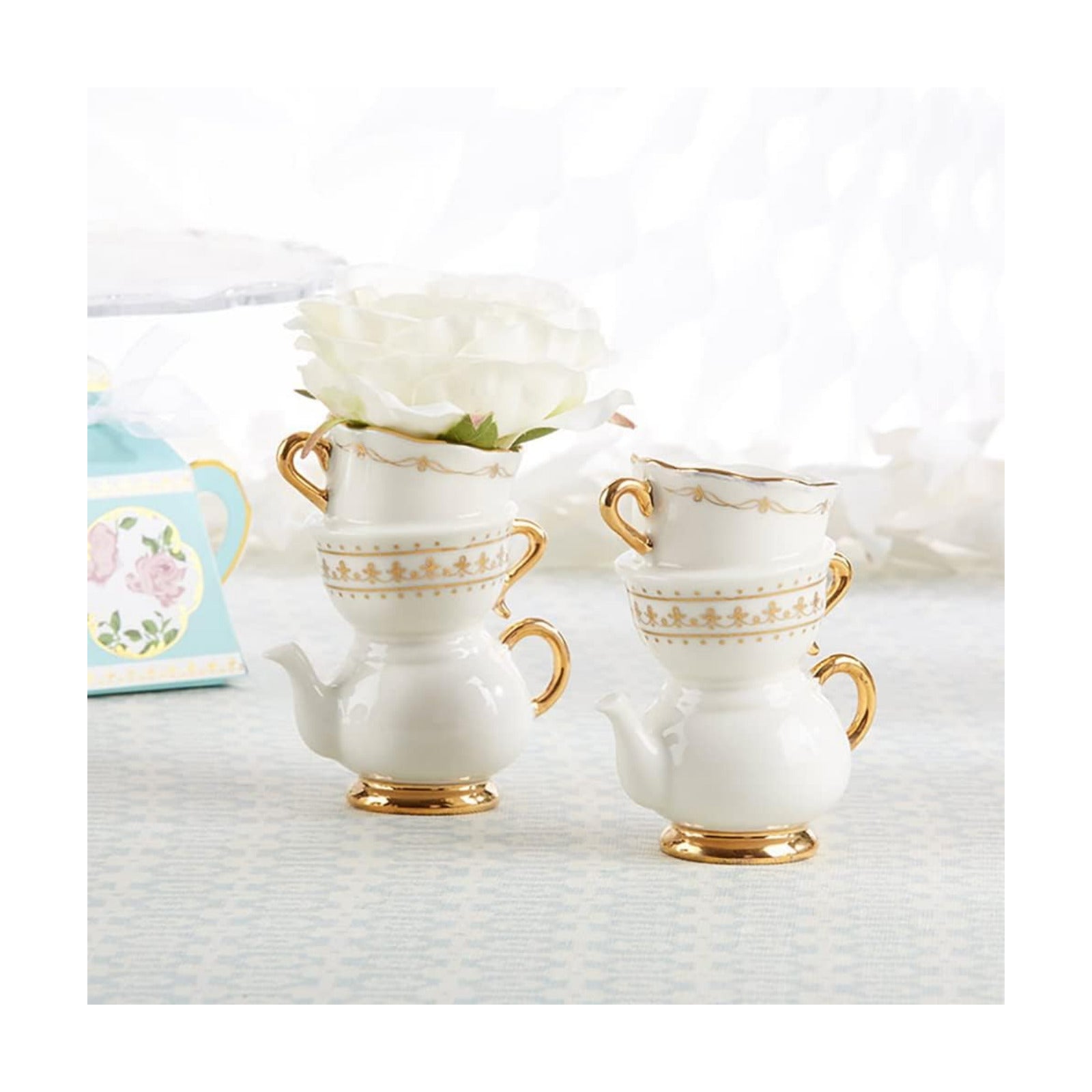 Vintage Tea Party Antique Look Mini Ceramic Bud Vases / Tea Cup / 3.7 Inch / Set of 2