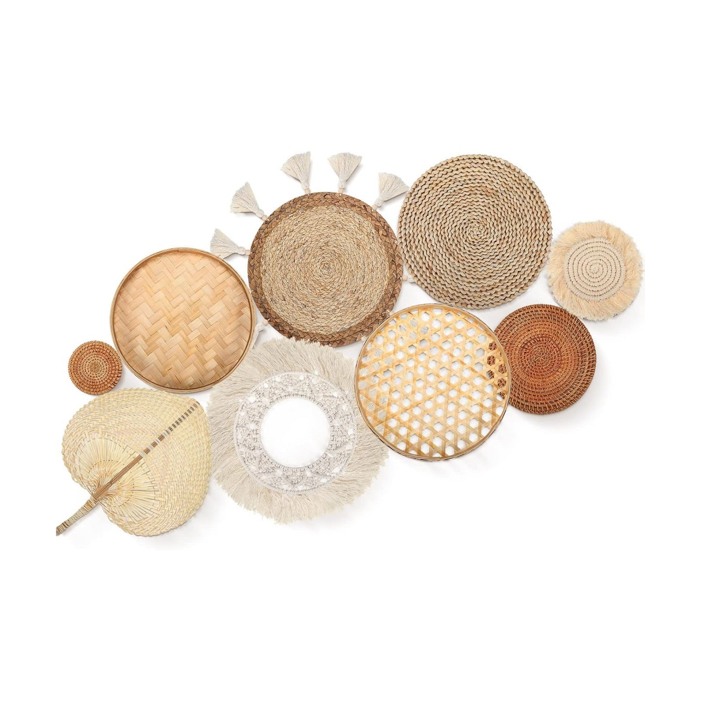 Wall Basket Decor Boho Wall Hanging Decor Rattan Wall Decor Flat Round Wicker Woven / Set of 9
