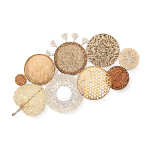 Wall Basket Decor Boho Wall Hanging Decor Rattan Wall Decor Flat Round Wicker Woven / Set of 9