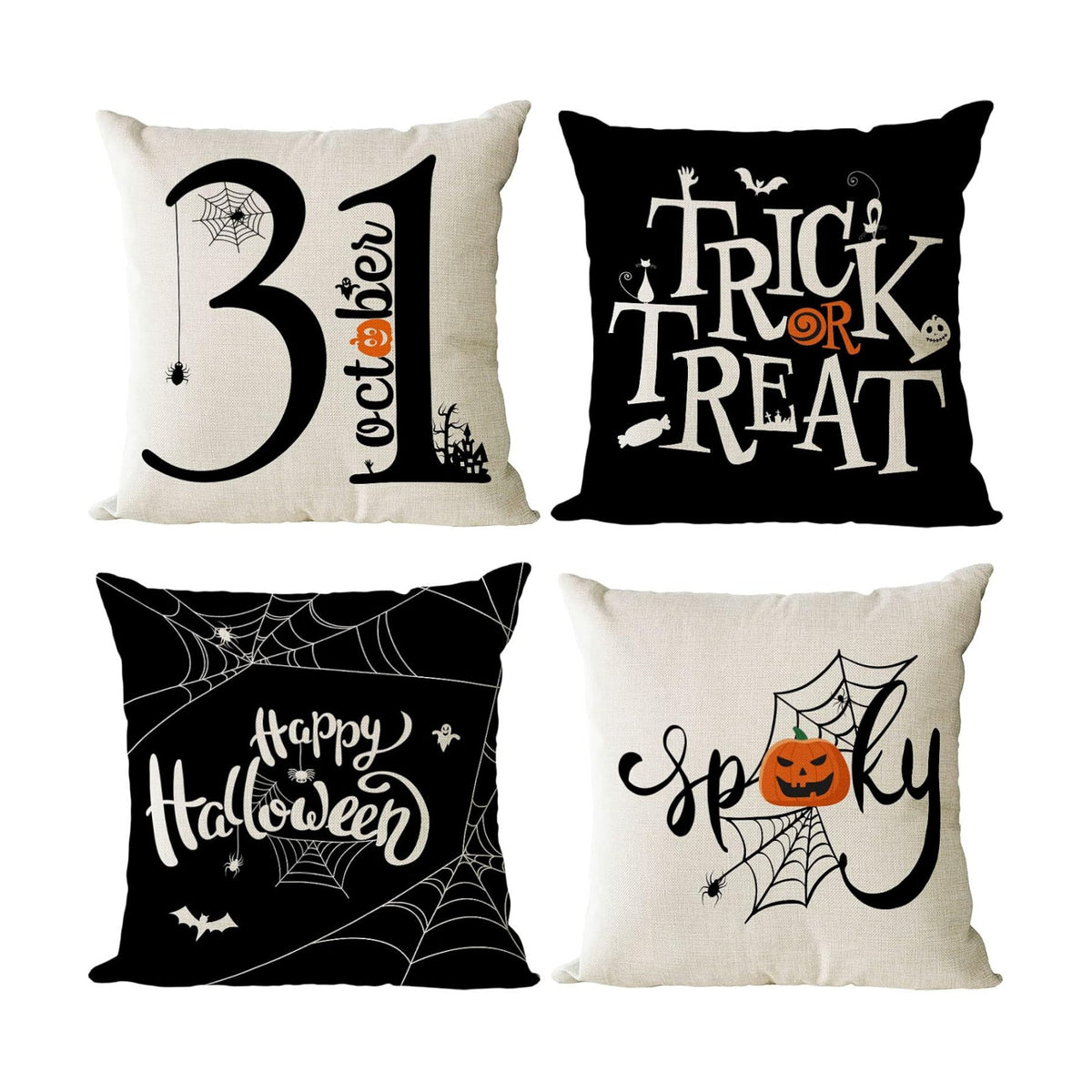 YeeJu Halloween Pillow Covers 16x16 Set of 4 Trick or Treat Decorative Throw Pillows Cover Black Spider Webs Pillow Cases Home Outdoor Sofa Couch Cushion Covers for Halloween Decorations (16 by 16)