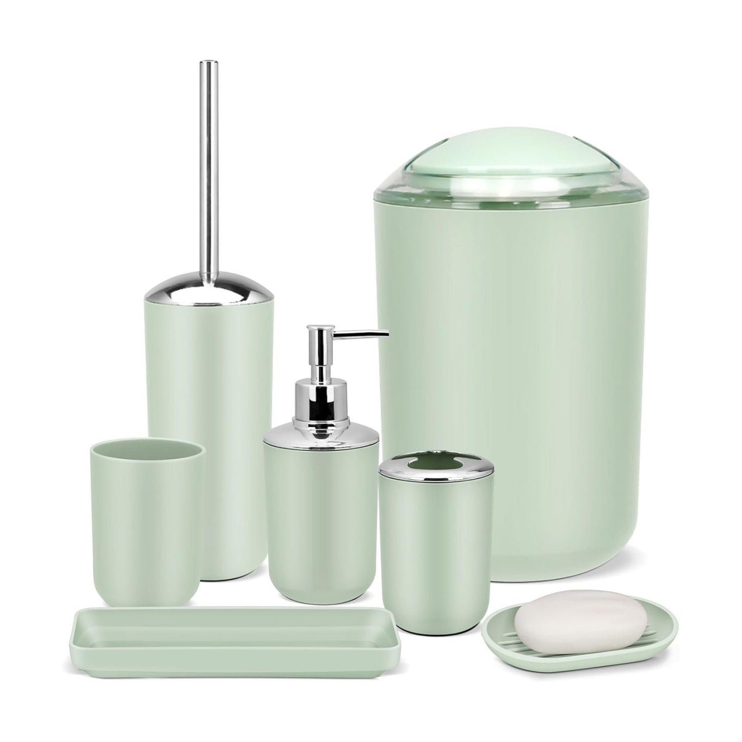 IMAVO Bathroom Accessories Set,Green Bathroom Set,7 Pieces Bathroom Accessory Set,Tray,Toilet Brush,Trash Can for