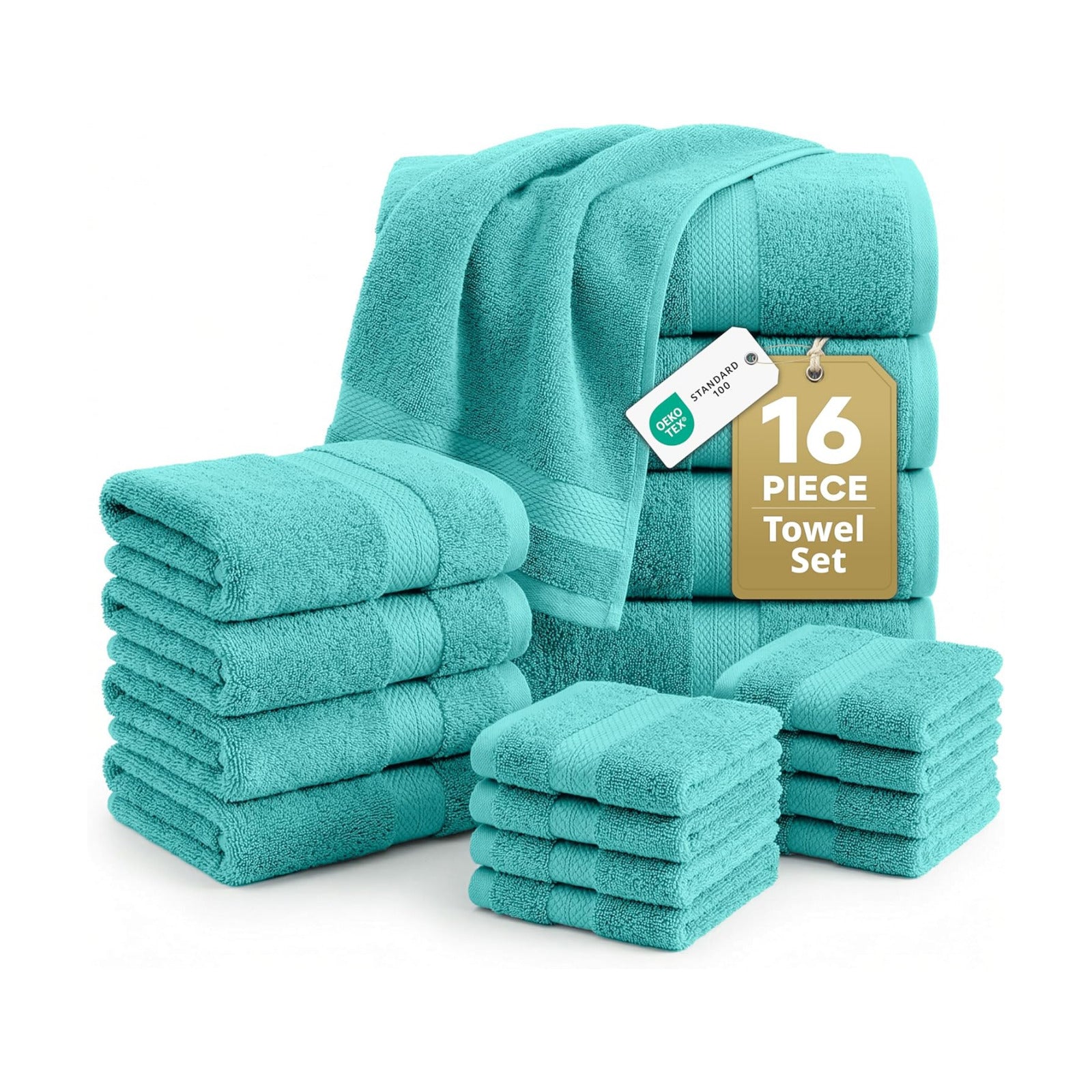 LANE LINEN Towel Set 16 Piece Soft Absorbent Quick Dry 100% Cotton - Teal | Dorm Towel Set - Terry Weave Comfort, Soft