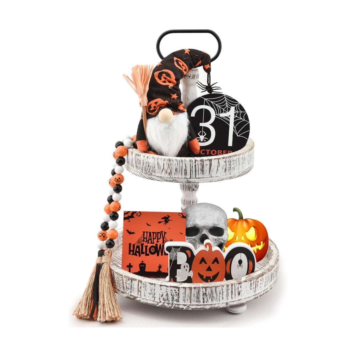 Halloween Tiered Tray Decor Indoor Decorations - Boo Wooden Sign Cute Gnomes Plush and Bead Garland - Farmhouse Rustic Tray Decor Set for Home Table Desk Room