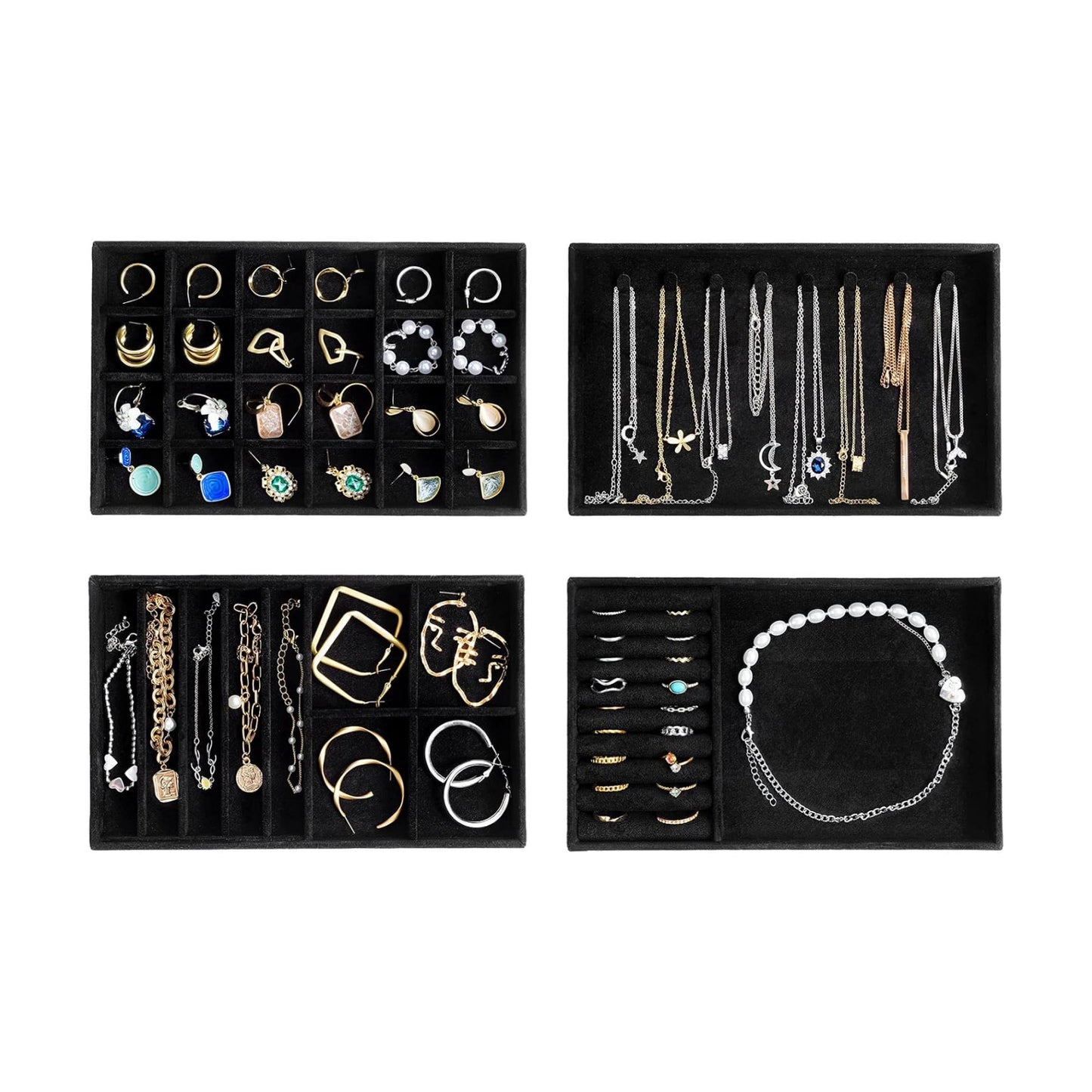 Stackable Jewelry Organizer Trays for Drawers / 4 Layers / Allblack