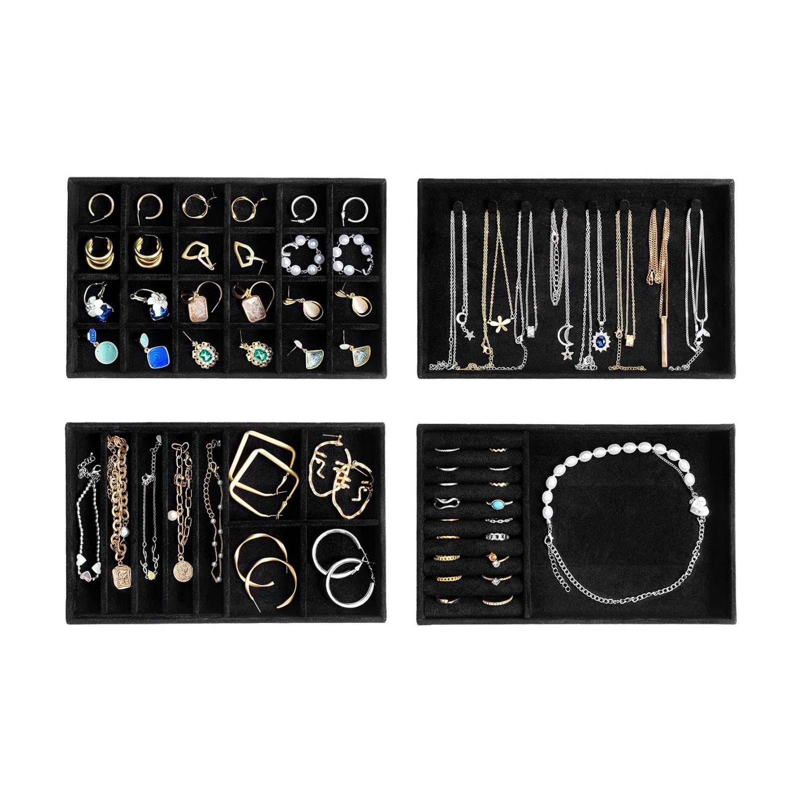 Stackable Jewelry Organizer Trays for Drawers / 4 Layers / Allblack