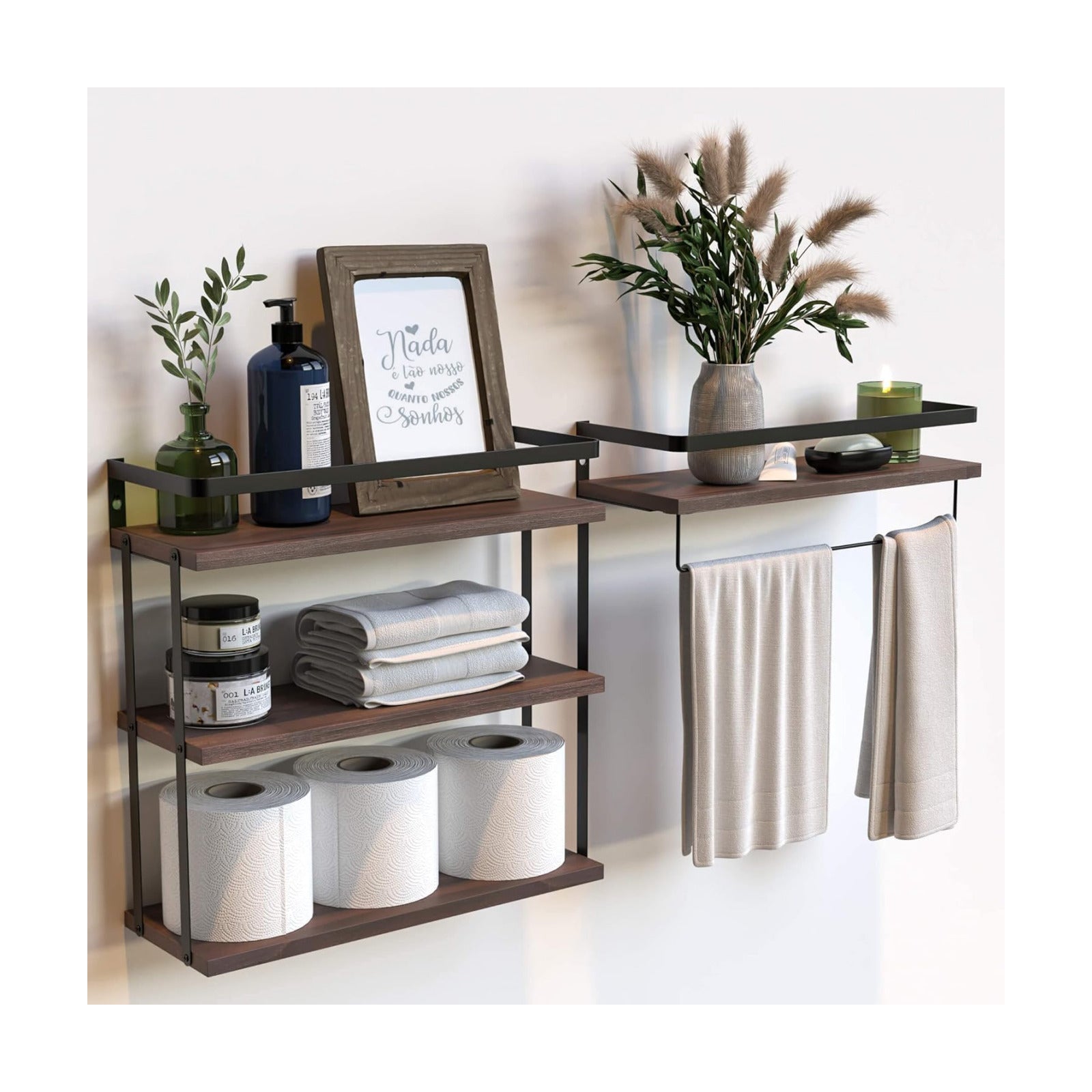 RICHER HOUSE Floating Shelves Bathroom, Wall Mounted Shelf Over Toilet | 3+1 Tier, with Metal Rail, Towel Rack, Paper
