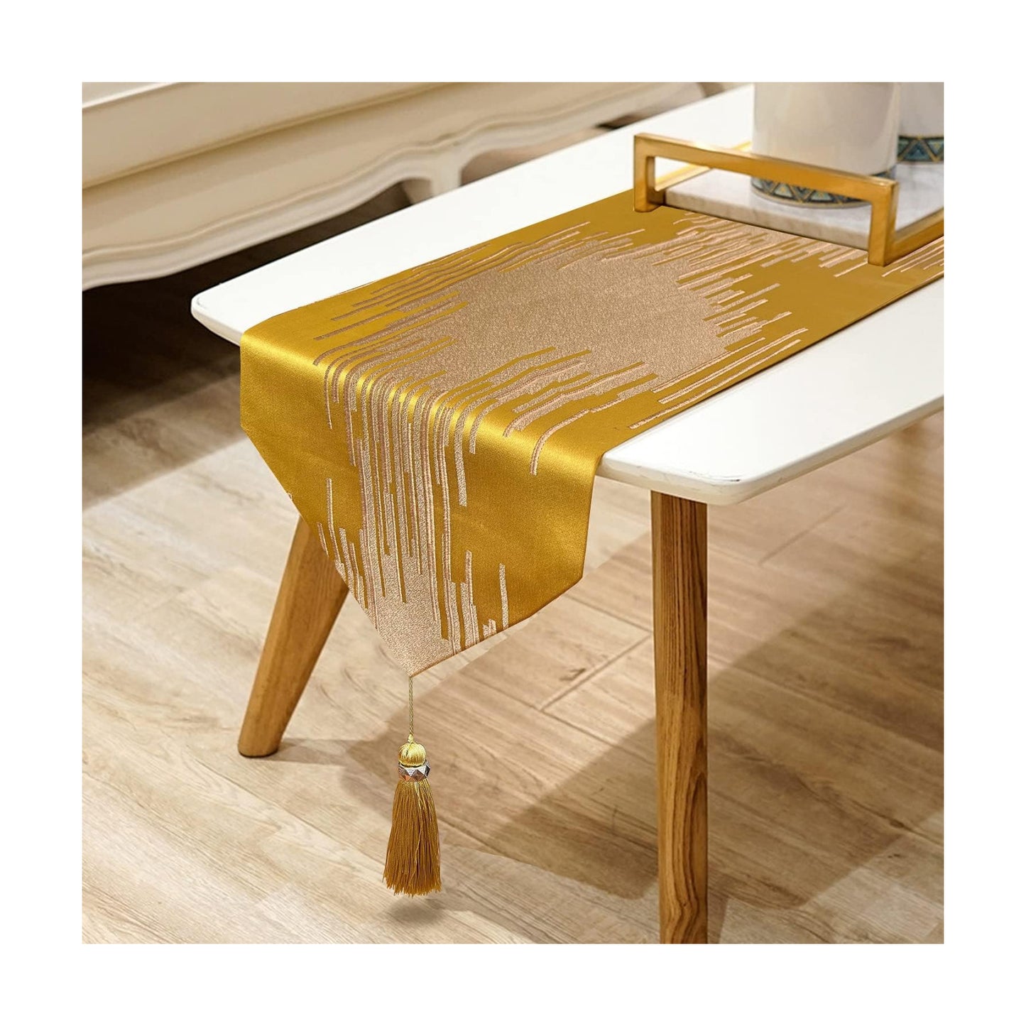 Luxury Golden Table Runner,13"x98", Modern Abstract Geometric, Tassels | Satin Faux Silk Double Layer Accent, Elegant